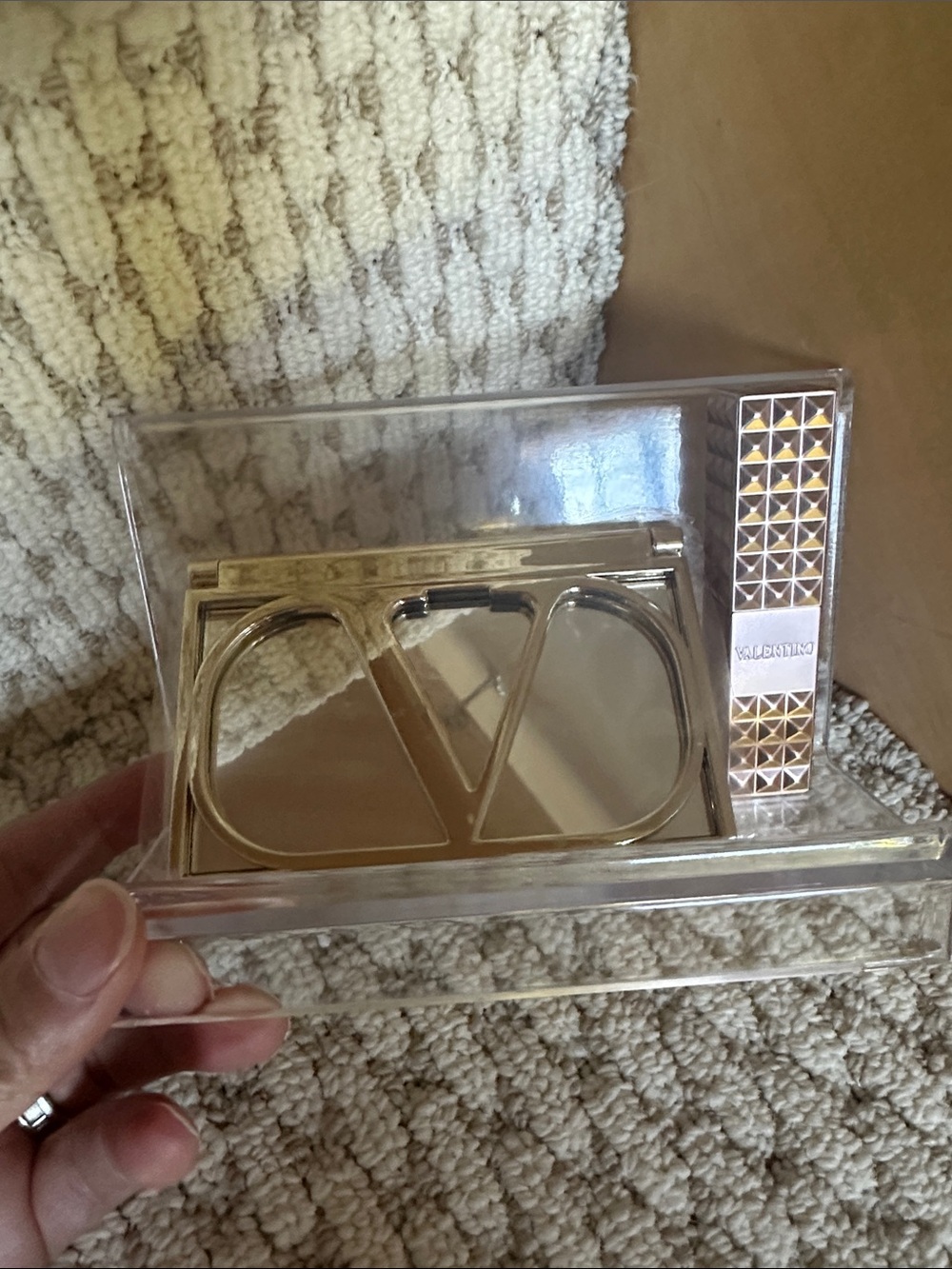 Valentino V Logo Gold Hand-Held Lipstick Mirror and Lipstick